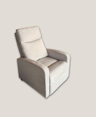 Stanford single recliner armchair fully reclined with the leg rest extended showing the manual metal mechanism underneath