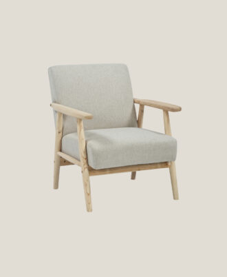 Urban occasional accent chair featuring a solid rubber wood frame in a light oak varnish with a cream texturized fabric cushion seat