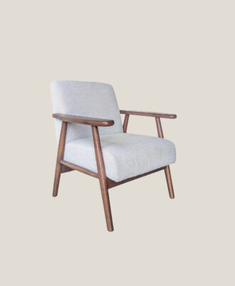 Urban occasional accent chair featuring a solid rubber wood frame in a dark walnut stain with a grey texturized fabric cushion seat